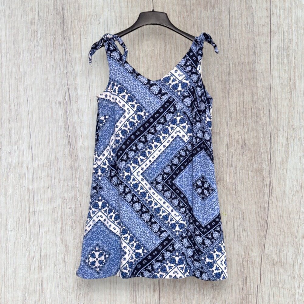 Nina Leonard Blue Patchwork Floral Print Sleeveless Dress Tie Straps Rayon M